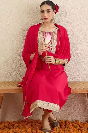 Women Ethnic Motifs Embroidered Regular Thread Work Kurta With Trousers & Dupatta
