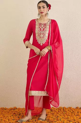 Women Ethnic Motifs Embroidered Regular Thread Work Kurta With Trousers & Dupatta