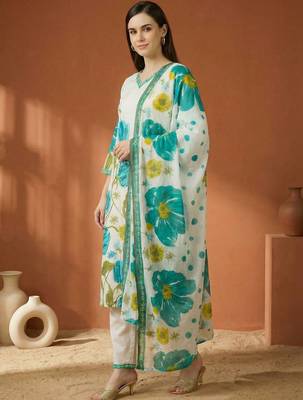 Women Floral Printed Regular Pure Cotton Kurta with Trousers & With Dupatta 2