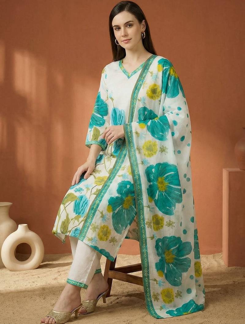Women Floral Printed Regular Pure Cotton Kurta with Trousers & With Dupatta