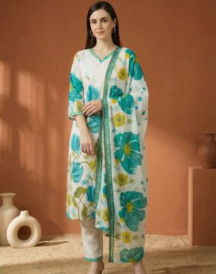 Women Floral Printed Regular Pure Cotton Kurta with Trousers & With Dupatta 5