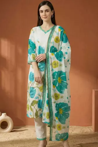 Women Floral Printed Regular Pure Cotton Kurta with Trousers & With Dupatta