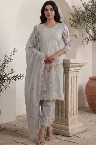 Women Floral Embroidered Regular Thread Work Pure Cotton Kurta with Trousers & With Dupatta