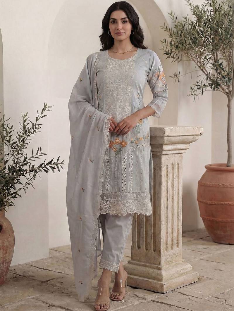 Women Floral Embroidered Regular Thread Work Pure Cotton Kurta with Trousers & With Dupatta