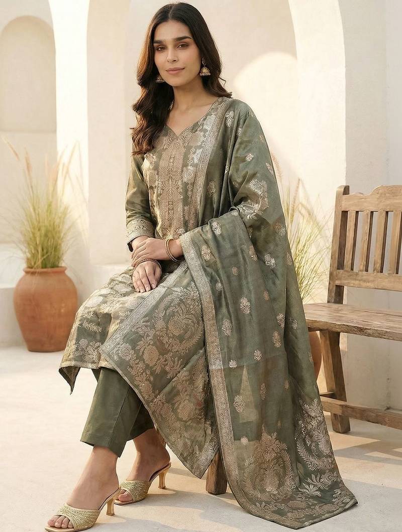 Women Regular Kurta with Trousers & With Dupatta