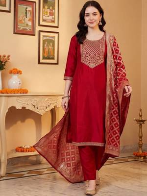 Women Ethnic Motifs Embroidered Regular Thread Work Kurta with Trousers & With Dupatta 1