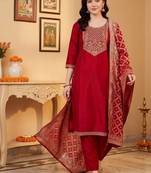 Women Ethnic Motifs Embroidered Regular Thread Work Kurta with Trousers & With Dupatta