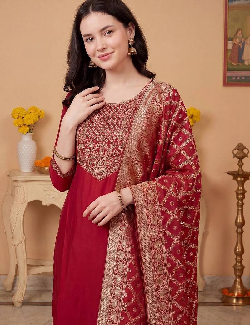 Women Ethnic Motifs Embroidered Regular Thread Work Kurta with Trousers & With Dupatta