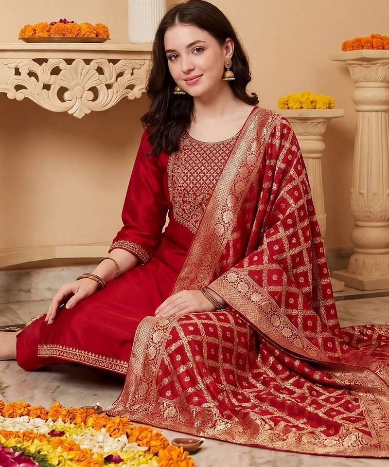 Women Ethnic Motifs Embroidered Regular Thread Work Kurta with Trousers & With Dupatta