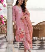 Women Floral Printed Regular Thread Work Linen Kurta with Trousers & With Dupatta