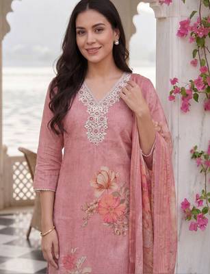 Women Floral Printed Regular Thread Work Linen Kurta with Trousers & With Dupatta 2