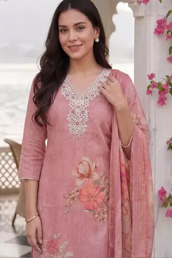 Women Floral Printed Regular Thread Work Linen Kurta with Trousers & With Dupatta