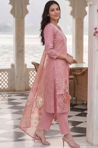 Women Floral Printed Regular Thread Work Linen Kurta with Trousers & With Dupatta