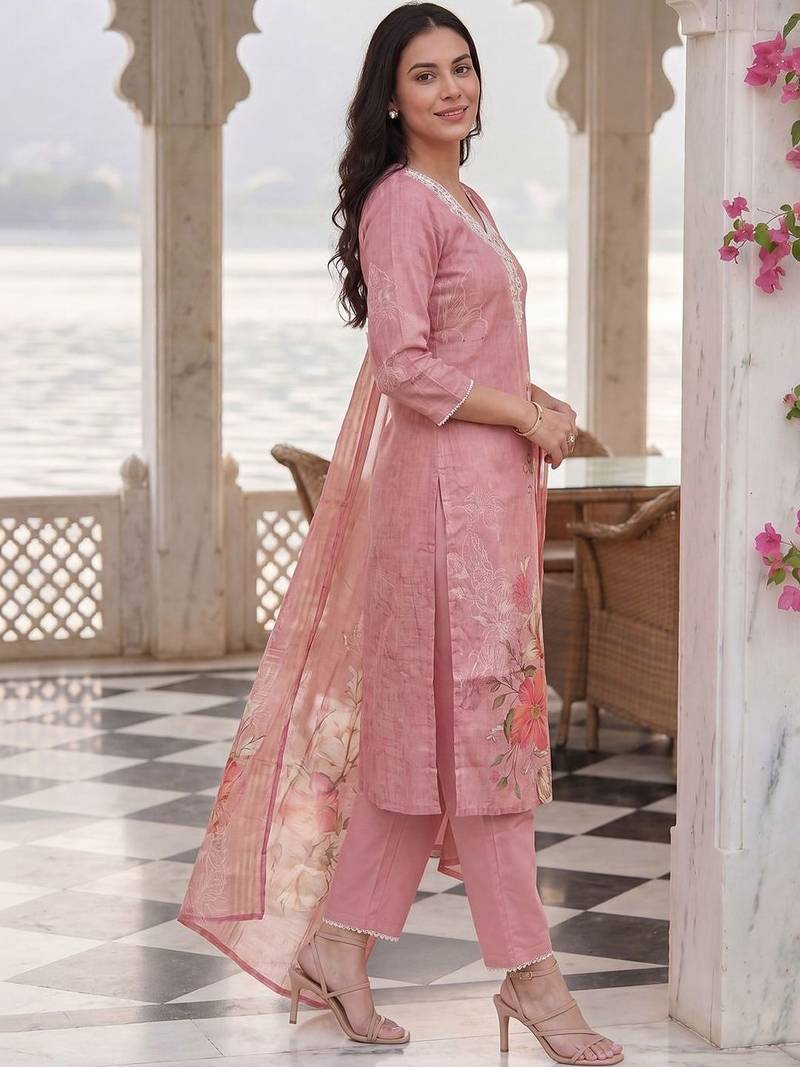 Women Floral Printed Regular Thread Work Linen Kurta with Trousers & With Dupatta