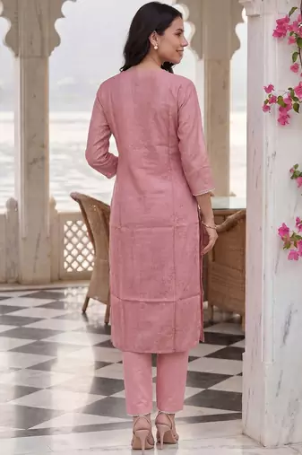 Women Floral Printed Regular Thread Work Linen Kurta with Trousers & With Dupatta