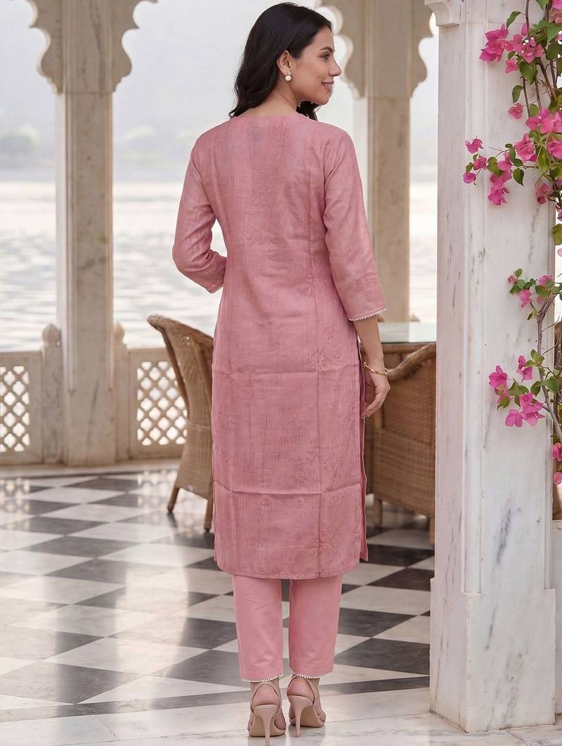 Women Floral Printed Regular Thread Work Linen Kurta with Trousers & With Dupatta