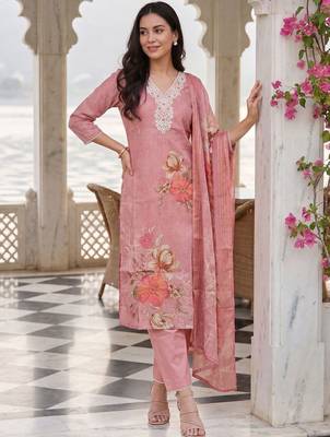 Women Floral Printed Regular Thread Work Linen Kurta with Trousers & With Dupatta 6
