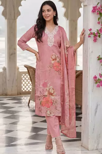 Women Floral Printed Regular Thread Work Linen Kurta with Trousers & With Dupatta