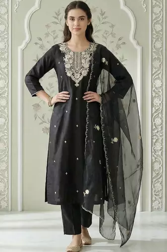 Women Ethnic Motifs Embroidered Regular Thread Work Kurta with Trousers & With Dupatta