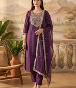 Women Ethnic Motifs Embroidered Regular Thread Work Liva Kurta with Trousers & With Dupatta