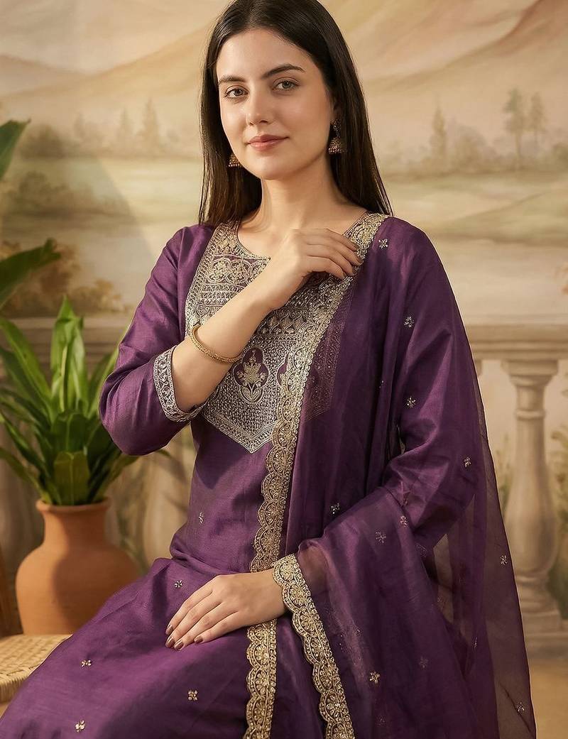 Women Ethnic Motifs Embroidered Regular Thread Work Liva Kurta with Trousers & With Dupatta