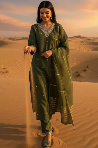 Women Ethnic Motifs Embroidered Regular Thread Work Kurta with Trousers & With Dupatta