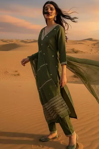 Women Ethnic Motifs Embroidered Regular Thread Work Kurta with Trousers & With Dupatta