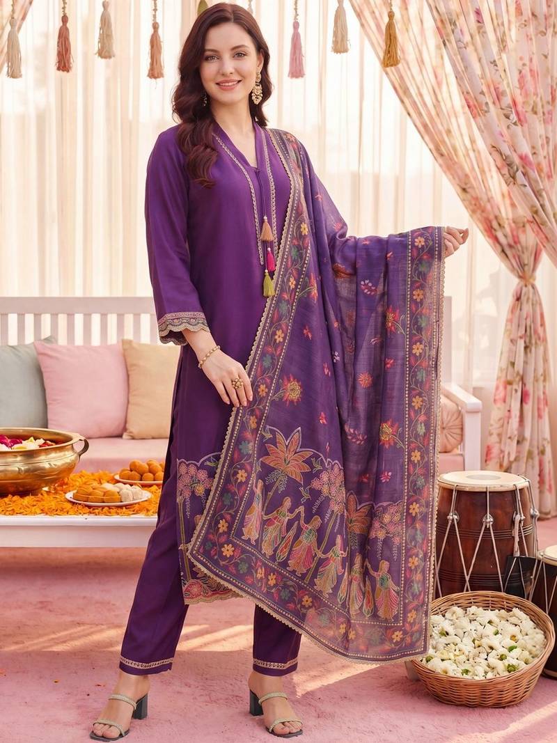 Women Ethnic Motifs Embroidered Regular Thread Work Kurta with Trousers & With Dupatta
