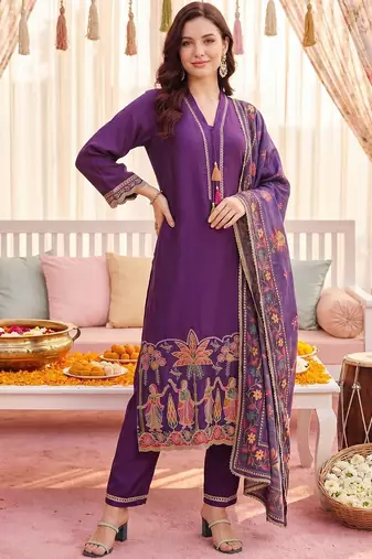Women Ethnic Motifs Embroidered Regular Thread Work Kurta with Trousers & With Dupatta