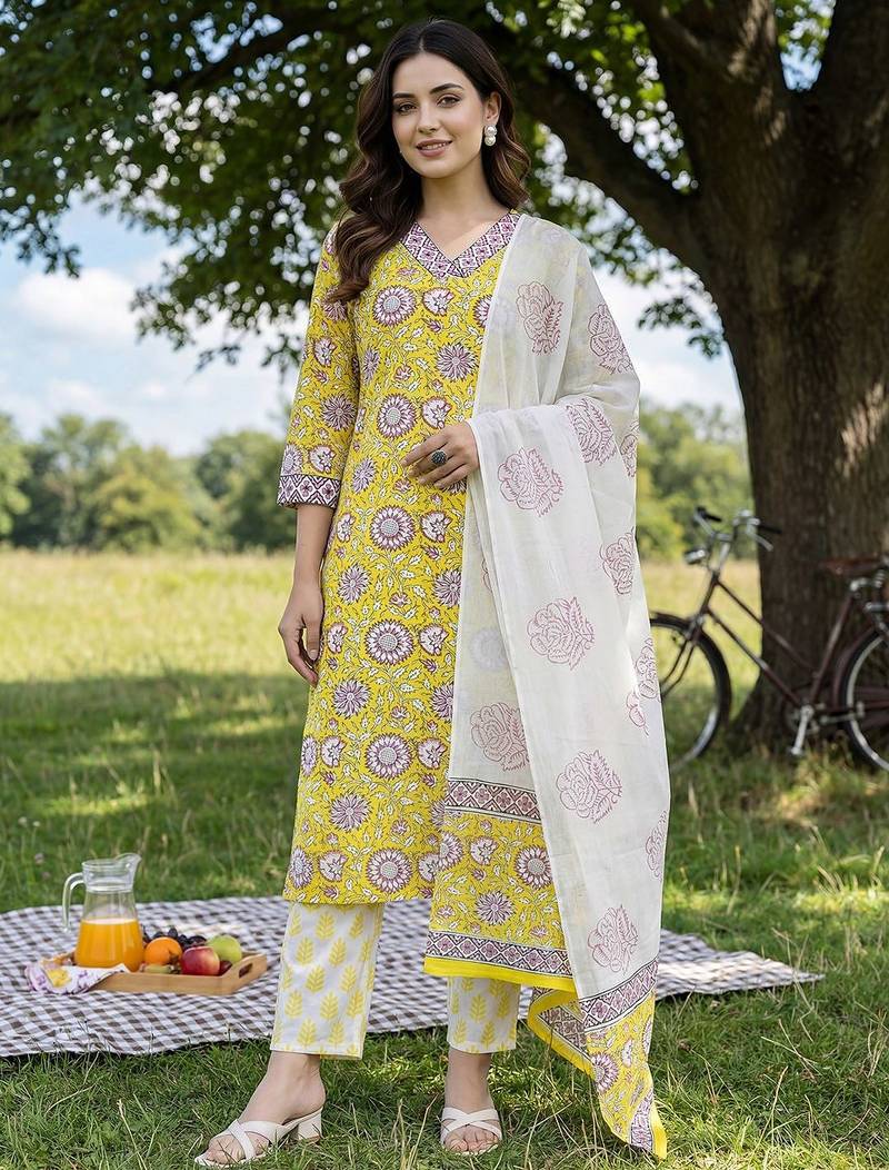 Women Floral Printed Regular Pure Cotton Kurta with Trousers & With Dupatta