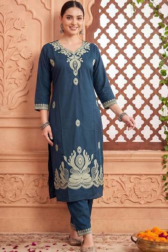Women Ethnic Motifs Embroidered Regular Thread Work Pure Cotton Kurta with Trousers