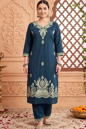Women Ethnic Motifs Embroidered Regular Thread Work Pure Cotton Kurta with Trousers