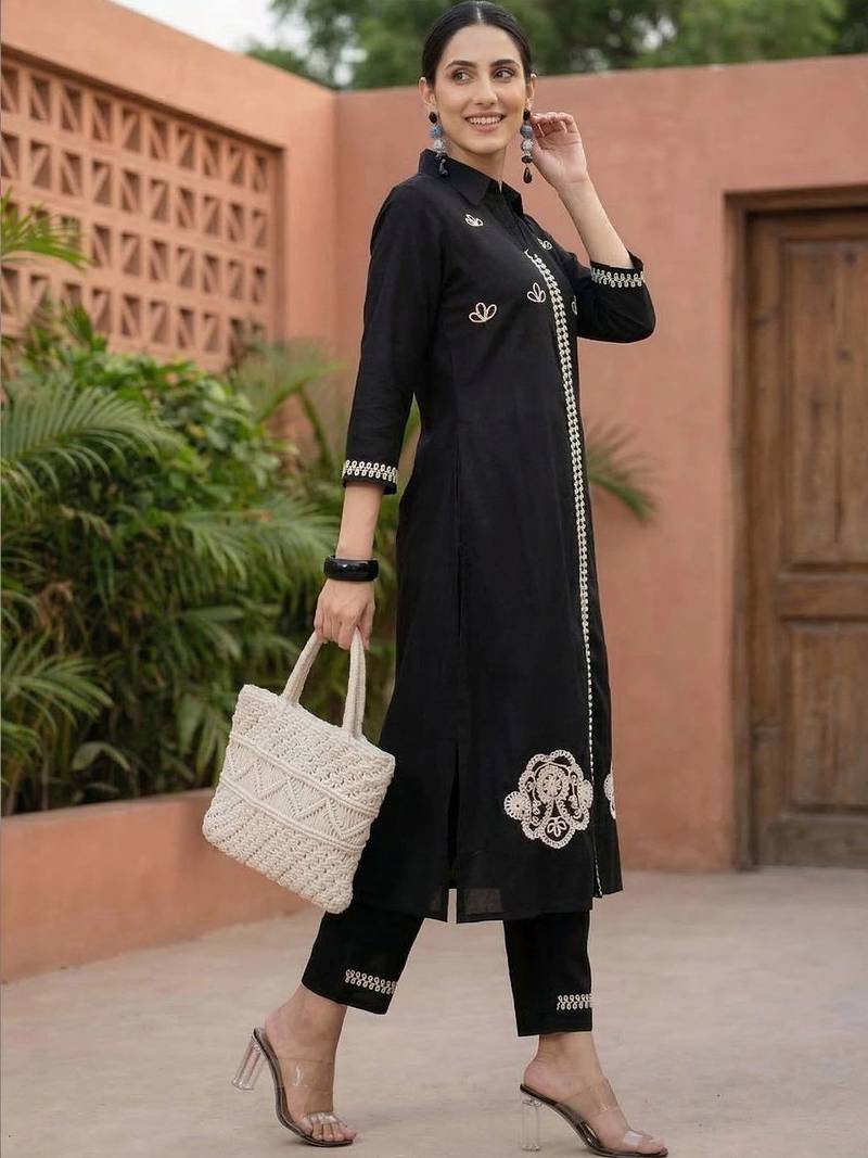 Women Ethnic Motifs Embroidered Regular Thread Work Pure Cotton Kurta with Palazzos