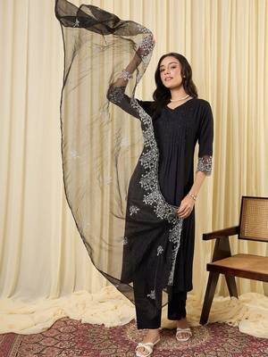 Women Ethnic Motifs Embroidered Regular Thread Work Kurta with Trousers & With Dupatta 1