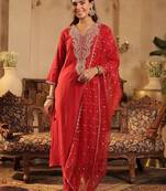 Women Ethnic Motifs Embroidered Regular Thread Work Liva Kurta with Trousers & With Dupatta