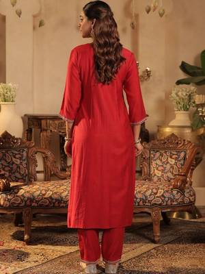Women Ethnic Motifs Embroidered Regular Thread Work Liva Kurta with Trousers & With Dupatta 4
