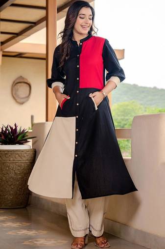 Women Colourblocked Regular Pure Cotton Kurta with Trousers