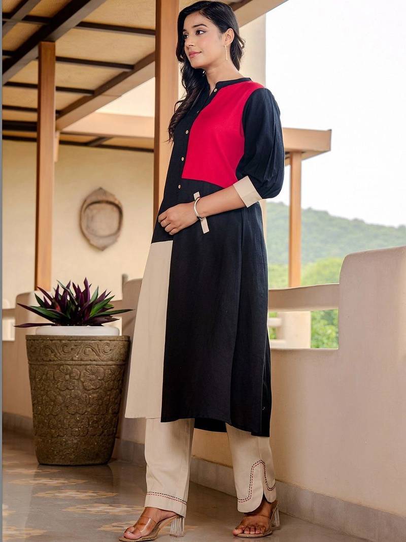 Women Colourblocked Regular Pure Cotton Kurta with Trousers