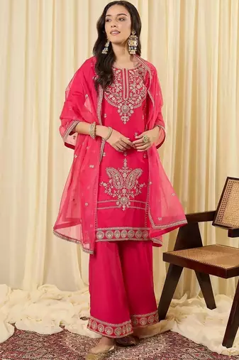 Women Ethnic Motifs Embroidered Regular Kurta with Palazzos & With Dupatta