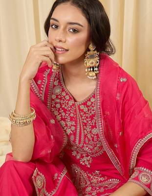 Women Ethnic Motifs Embroidered Regular Kurta with Palazzos & With Dupatta 2