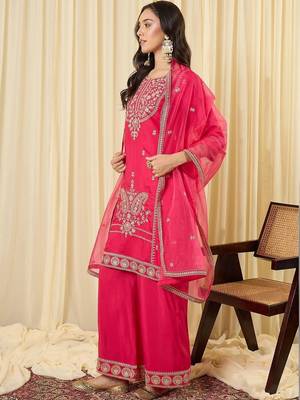 Women Ethnic Motifs Embroidered Regular Kurta with Palazzos & With Dupatta 4