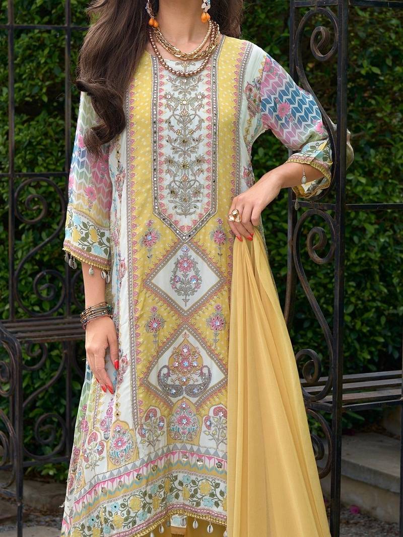 Women Floral Printed Regular Thread Work Liva Kurta with Palazzos & With Dupatta