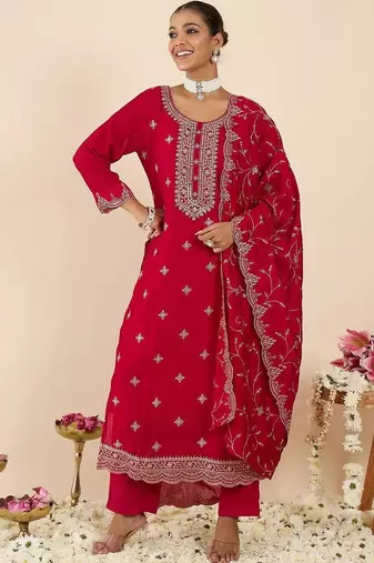 Women Ethnic Motifs Embroidered Regular Thread Work Kurta with Trousers & With Dupatta