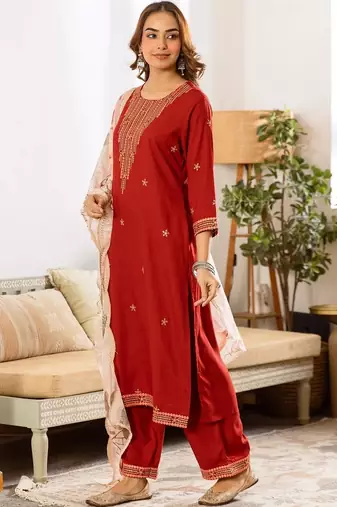 Women Ethnic Motifs Embroidered Regular Thread Work Kurta with Palazzos & With Dupatta