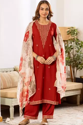 Women Ethnic Motifs Embroidered Regular Thread Work Kurta with Palazzos & With Dupatta
