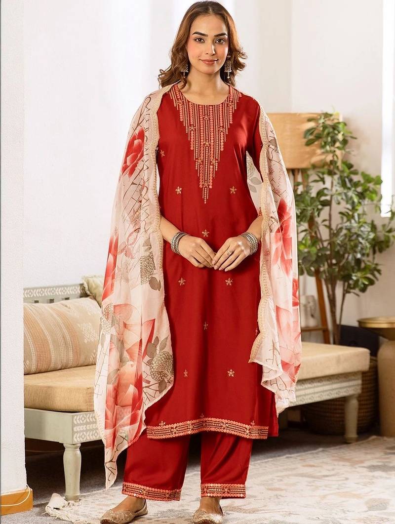 Women Ethnic Motifs Embroidered Regular Thread Work Kurta with Palazzos & With Dupatta