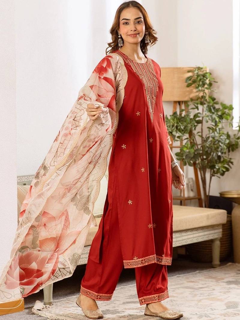 Women Ethnic Motifs Embroidered Regular Thread Work Kurta with Palazzos & With Dupatta