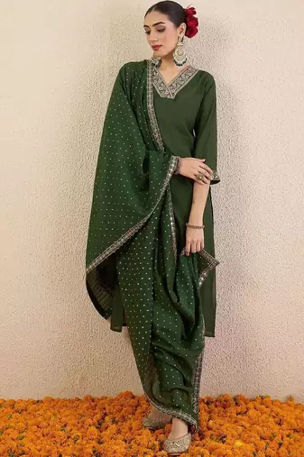 Women Ethnic Motifs Embroidered Regular Thread Work Kurta with Trousers & With Dupatta