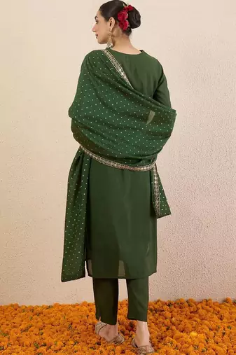 Women Ethnic Motifs Embroidered Regular Thread Work Kurta with Trousers & With Dupatta
