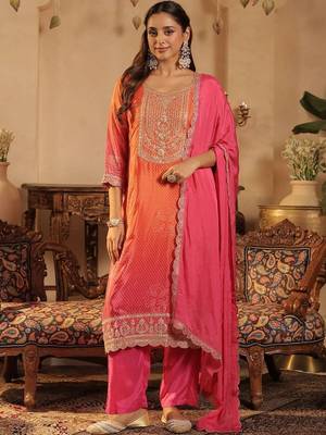 Women Ombre Dyed Regular Thread Work Kurta with Trousers & With Dupatta 1